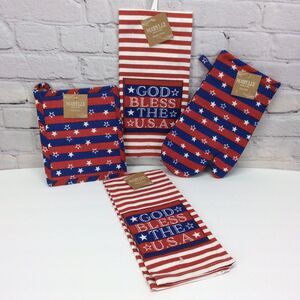 "God Bless The USA" 4 Pc Kitchen Set Patriotic 2 Towels/1 Oven Mitt/1 Pot Holder